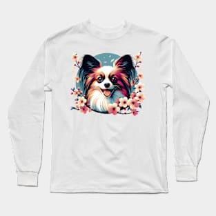 Papillon's Joy Amidst Spring Cherry Blossoms Long Sleeve T-Shirt